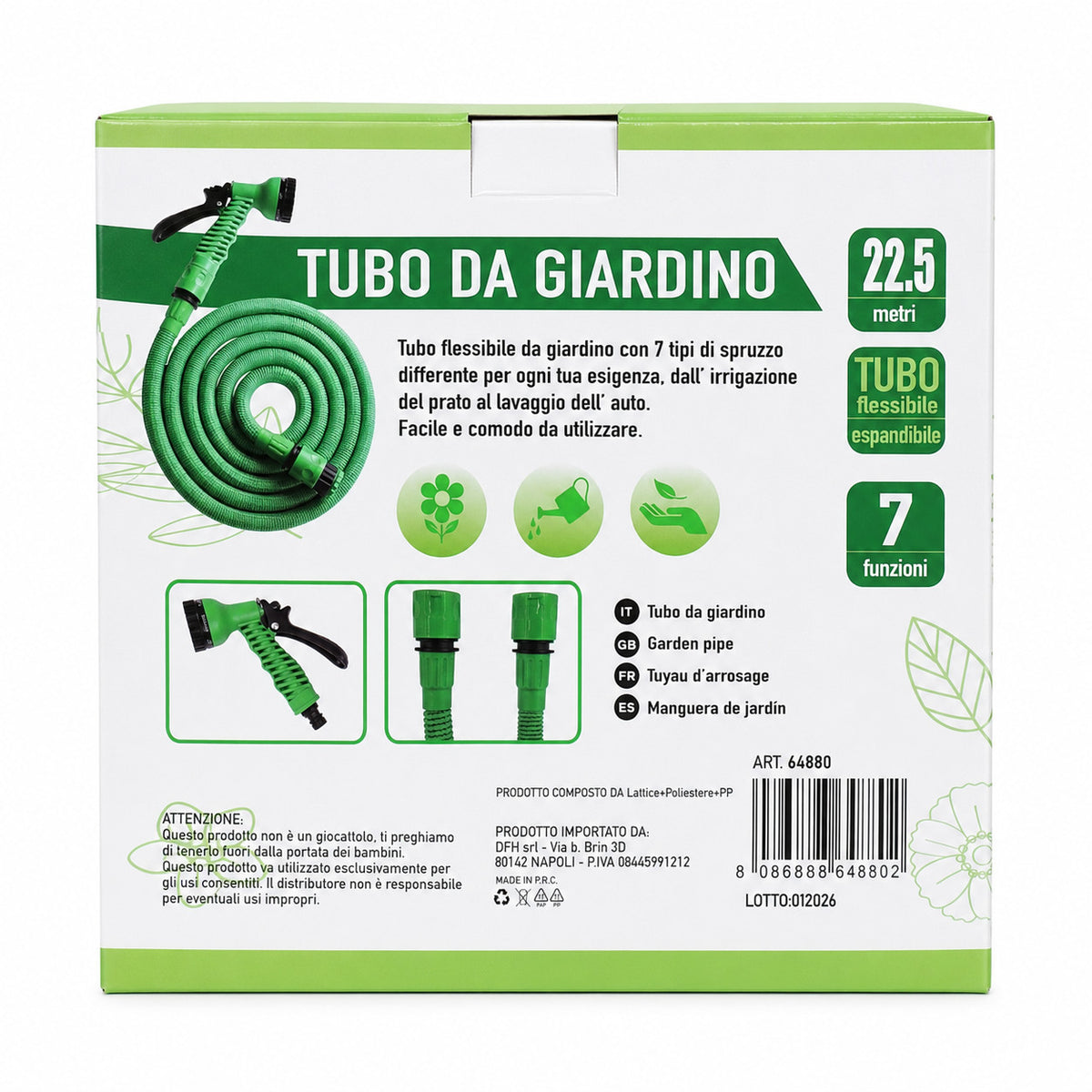 TUBO DA GIARDINO PIANTE FLESSIBILE ESTENSIBILE 22,5 METRI CON PISTOLA 7 FUNZIONI