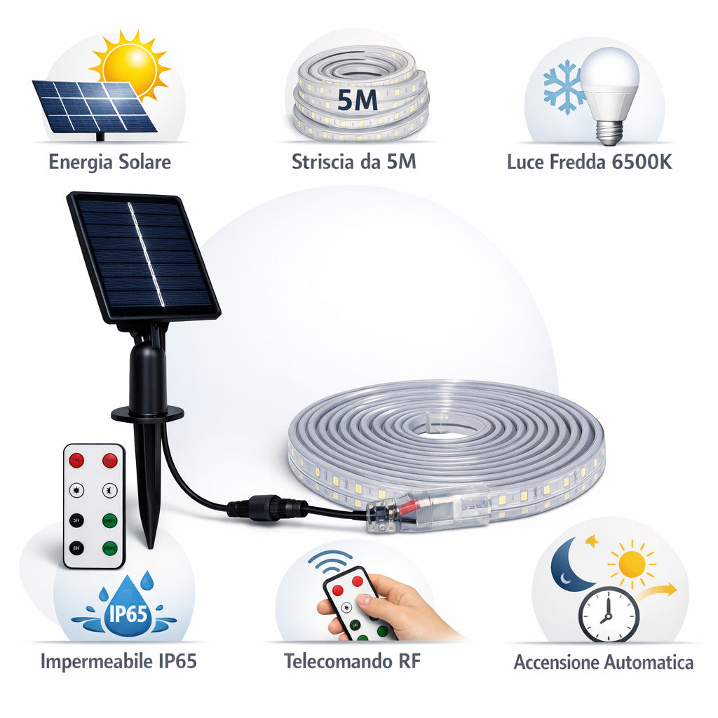 STRISCIA LED SOLARE 5 METRI TELECOMANDO BIANCO FREDDO 6500K PER ESTERNO ET-31608