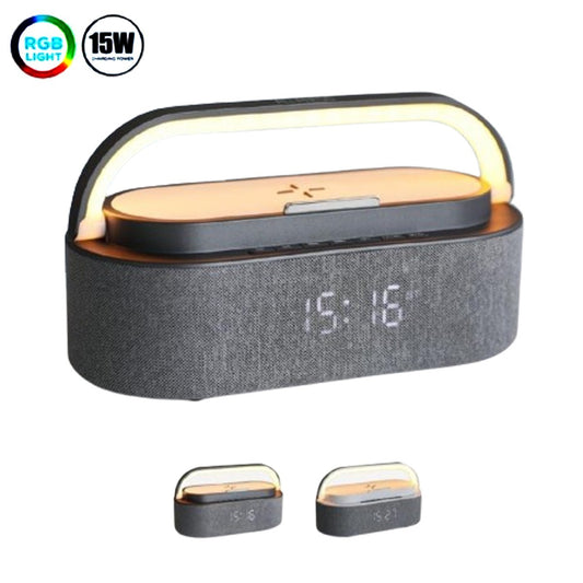 SPEAKER LAMPADA DA TAVOLO RICARICA WIRELESS PORTATILE LUCE RGB LED 15W OROLOGIO