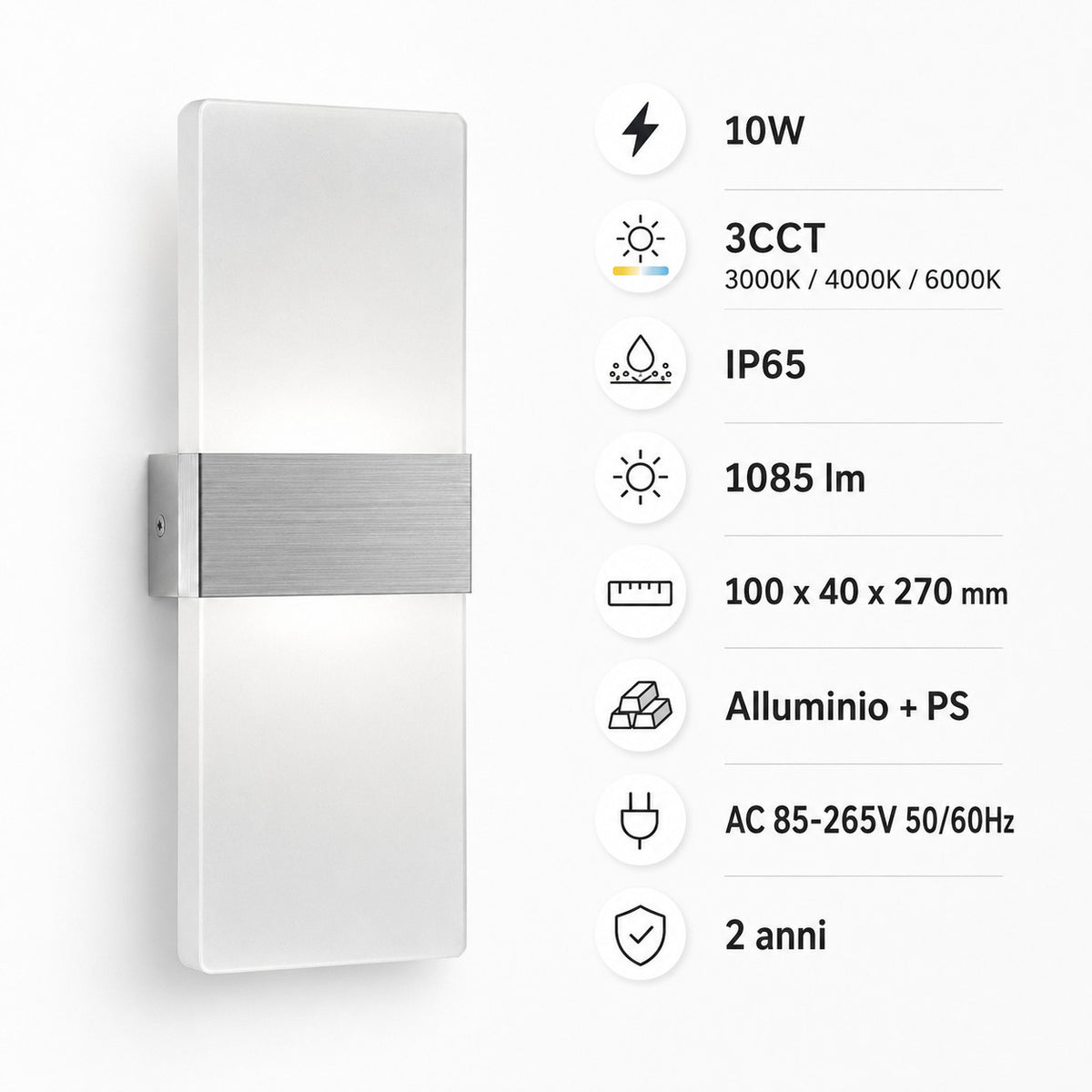 APPLIQUE LED 10W ESTERNO LAMPADA PARETE ARGENTO IP65 3000K 4000K 6000K ET-31701