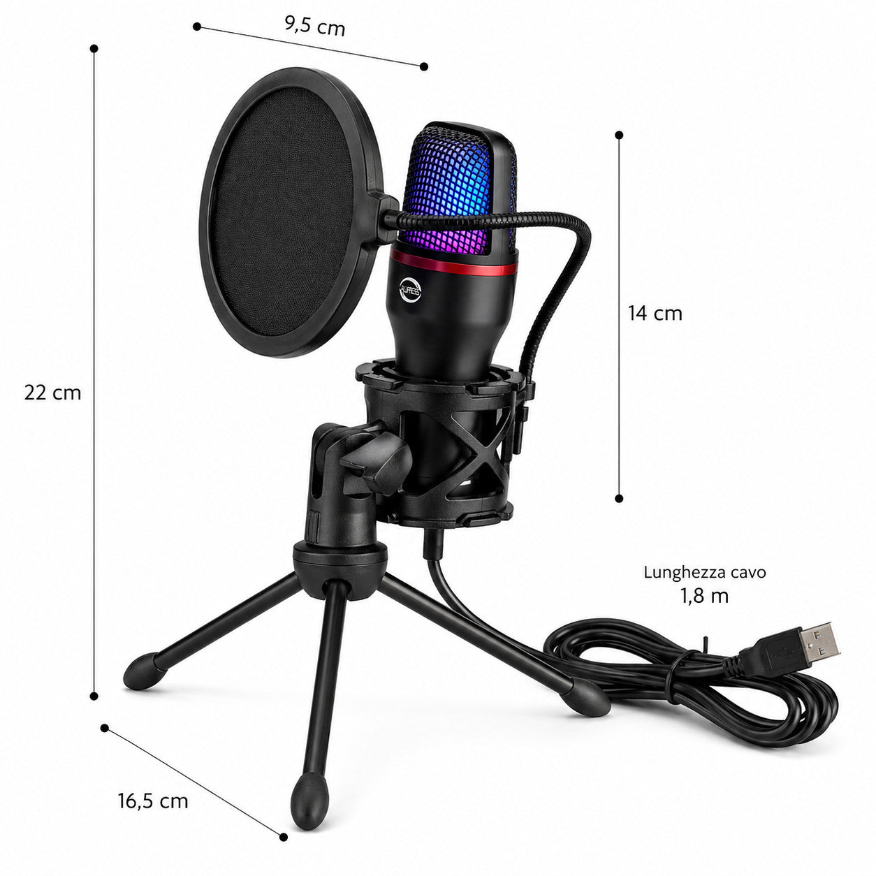 MICROFONO USB A CONDENSATORE TREPPIEDE FILTRO POP RGB STREAMING PODCAST AS-06022
