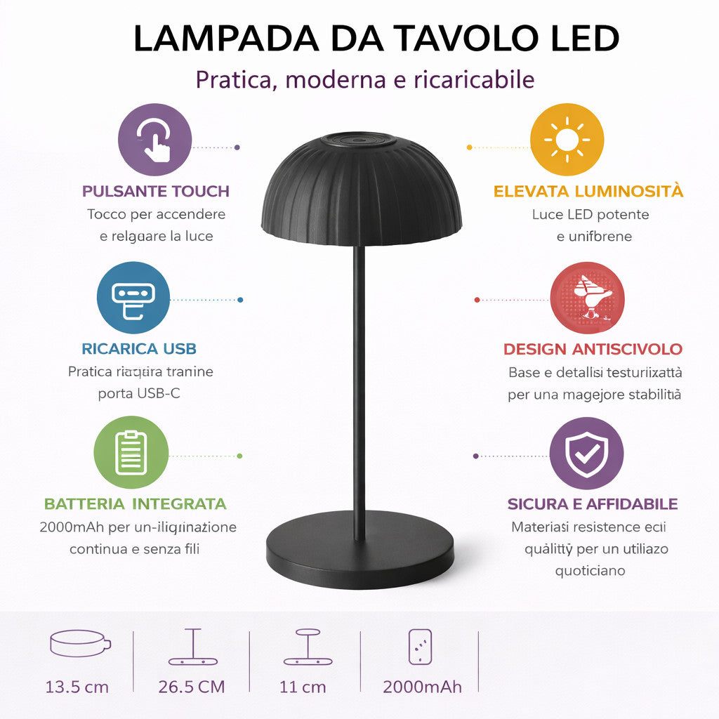 LAMPADA TAVOLO LED RICARICABILE NERA TOUCH USB BATTERIA 2000MAH DESIGN LPT144