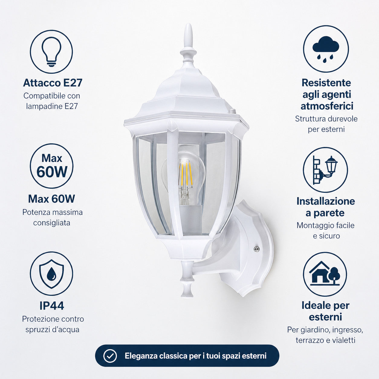 APPLIQUE DA ESTERNO LANTERNA BIANCA PARETE E27 MAX 60W CLASSICA GIARDINO IP44 A2