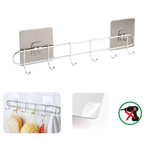PORTA ASCIUGAMANI CON 6 GANCI BAGNO PARETE SALVIETTE GANCIO CASA ADESIVO 03502