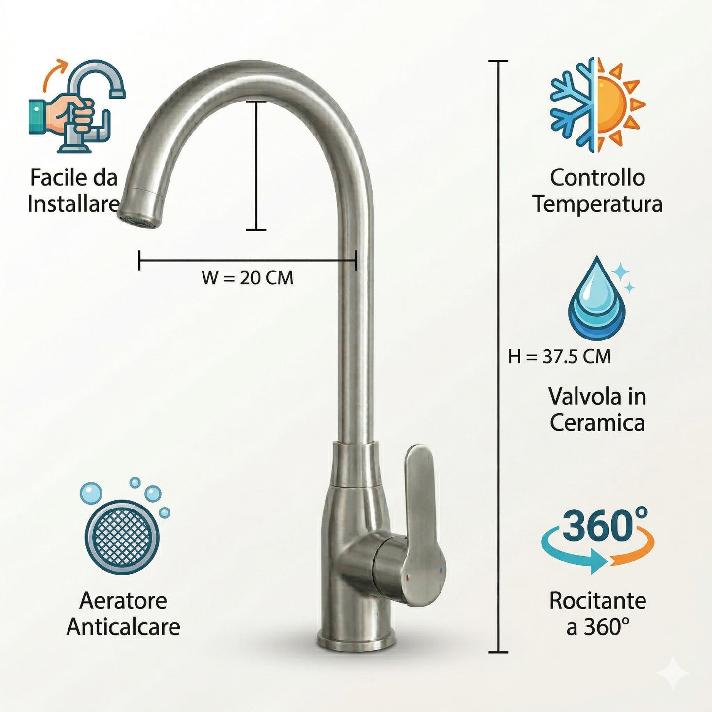 RUBINETTO MISCELATORE CUCINA MONOCOMANDO LAVANDINO CROMATO COLLO ALTO S9002