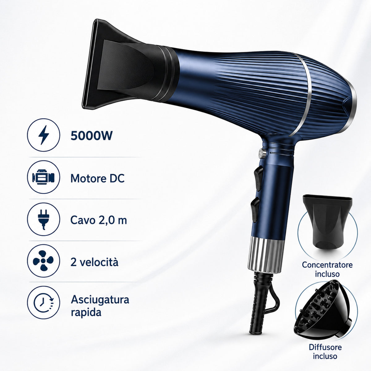 ASCIUGACAPELLI PROFESSIONALE 5000W PHON IONICO DIFFUSORE 2 VELOCITÀ SK-3601