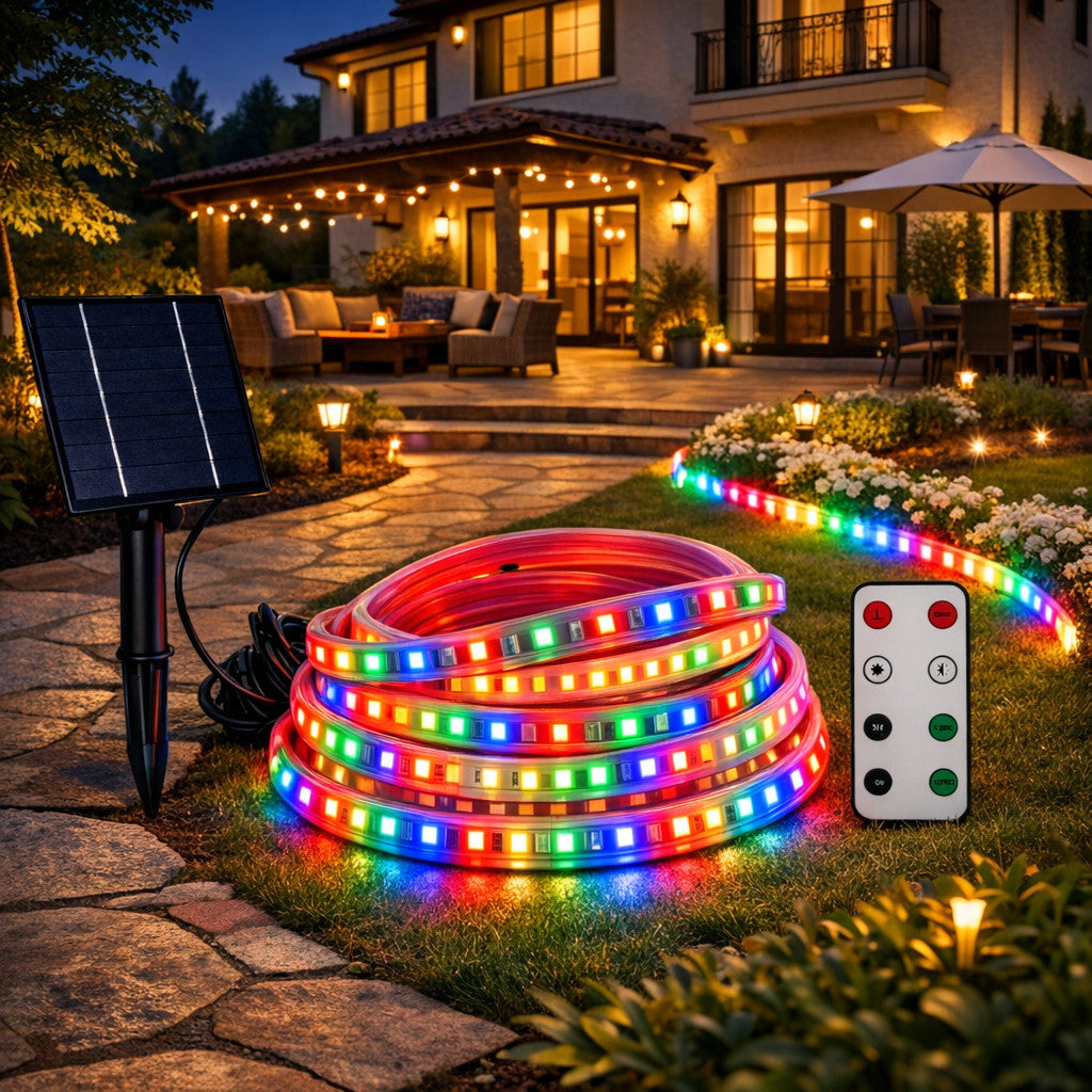 STRISCIA LED SOLARE 10 METRI TELECOMANDO MULTICOLORE RGB PER ESTERNO ET-31613