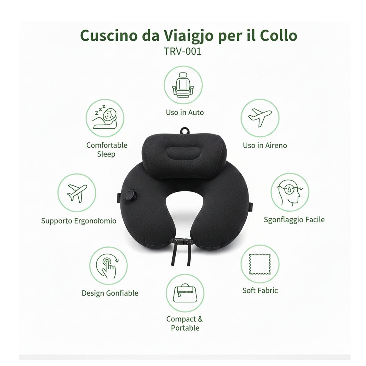 CUSCINO DA VIAGGIO AUTO GONFIABILE PER COLLO CON POMPA 3D MEMORY FOAM KLW01