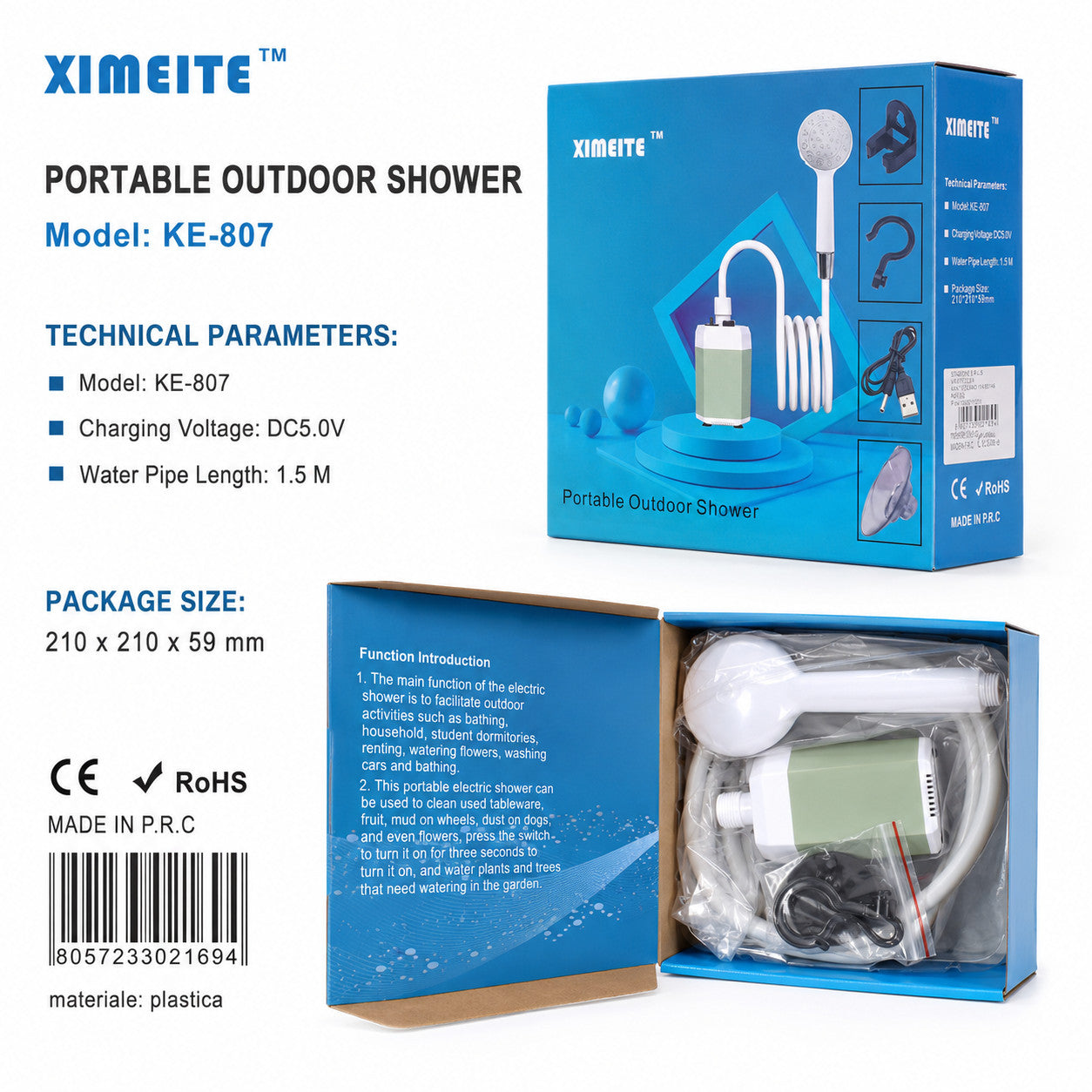 KIT DOCCIA PORTATILE RICARICABILE USB CAMPEGGIO ESTERNO GIARDINO AUTO CASA KE807