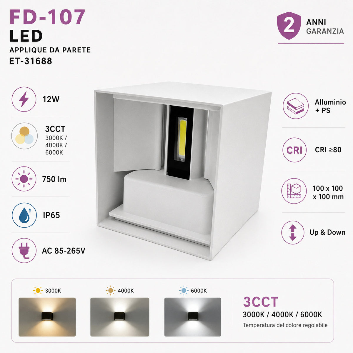 APPLIQUE LED 12W ESTERNO LAMPADA PARETE BIANCA IP65 3000K 4000K 6000K ET-31688