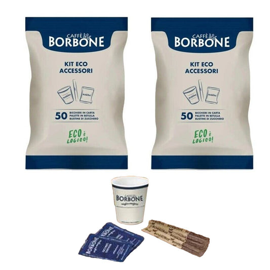 KIT ÉCOLOGIQUE 100 GOBELETS EN CARTON PELLETTES EN BOIS DE BOULEAU SUCRE CAFÉ BORBONE