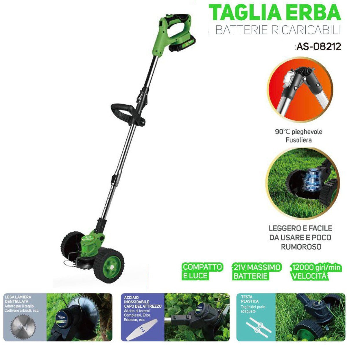 DECESPUGLIATORE TAGLIAERBA ELETTRICO A BATTERIA 21V 3 IN 1 CON RUOTE LAME 08212