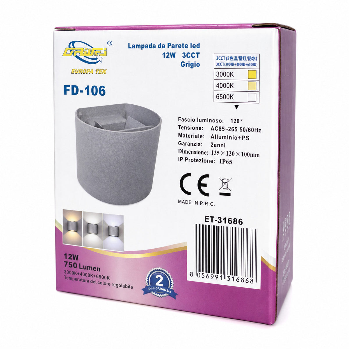 APPLIQUE LED 12W GRIGIA IP65 LAMPADA PARETE ESTERNO 3000K 4000K 6000K ET-31686