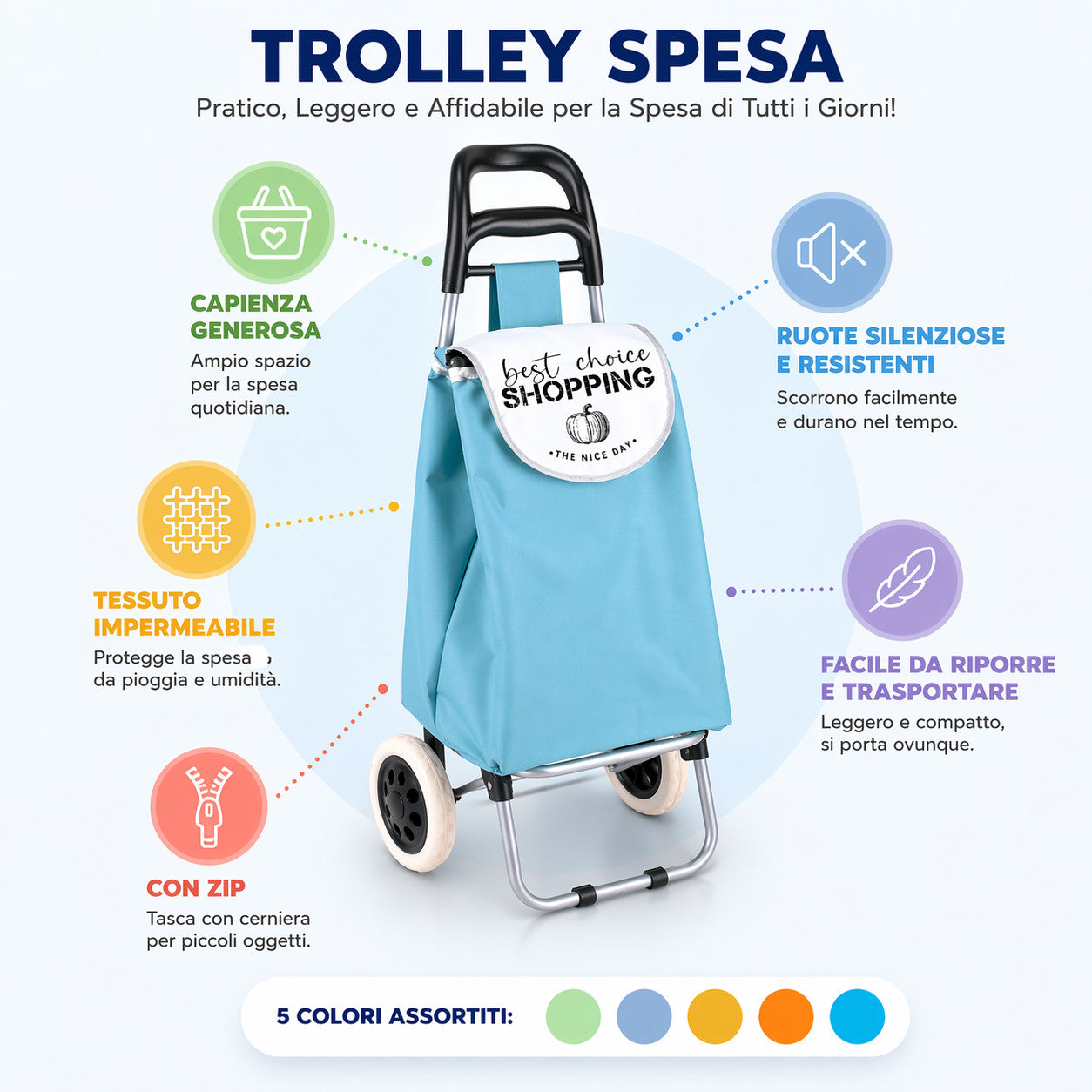 CARRELLO SPESA TROLLEY PIEGHEVOLE 2 RUOTE BORSA IMPERMEABILE 95X36X27 CM