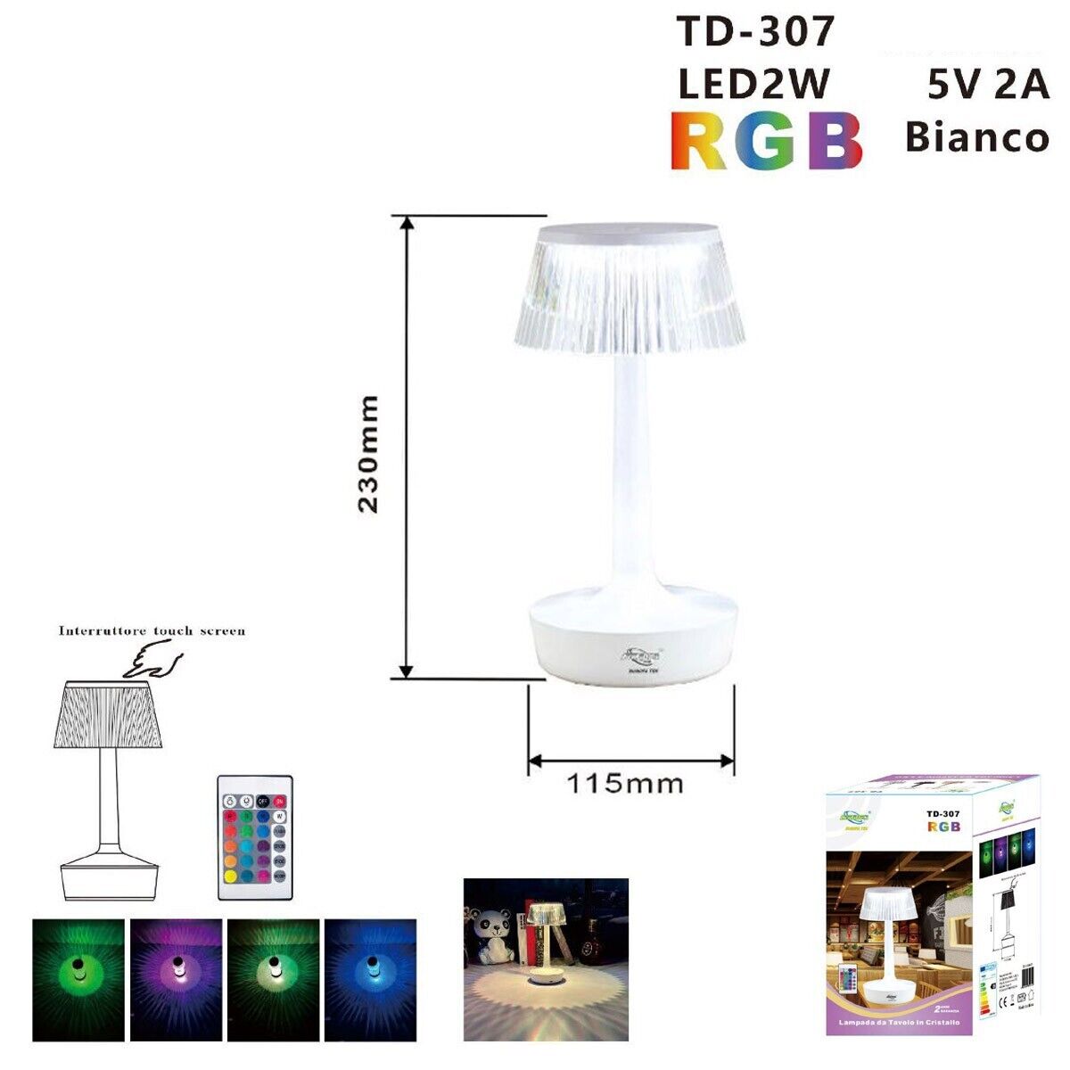 LAMPADA TAVOLO EFFETTO CRISTALLO RICARICABILE USB LUCE RGB LED BIANCA TD-307 *