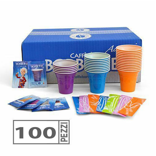 KIT BORBONE ACCESSOIRES 100 GOBELETS CAFÉ SPATULES SACHETS SUCRE ORIGINAL