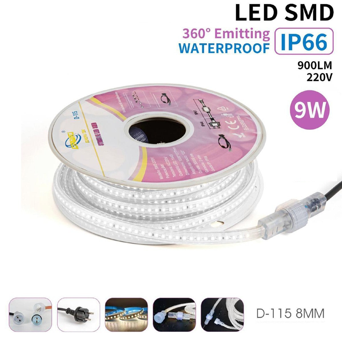 BANDE LED SMD 9W 10M IP66 ÉTANCHE LUMIÈRE BLANC FROID EXTÉRIEUR ET INTÉRIEUR