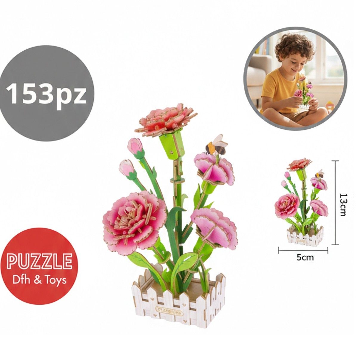 PUZZLE 3D GAROFANO LEGNO 153PZ FIORI ARTIFICIALI COSTRUZIONI REGALO NATALE 32389
