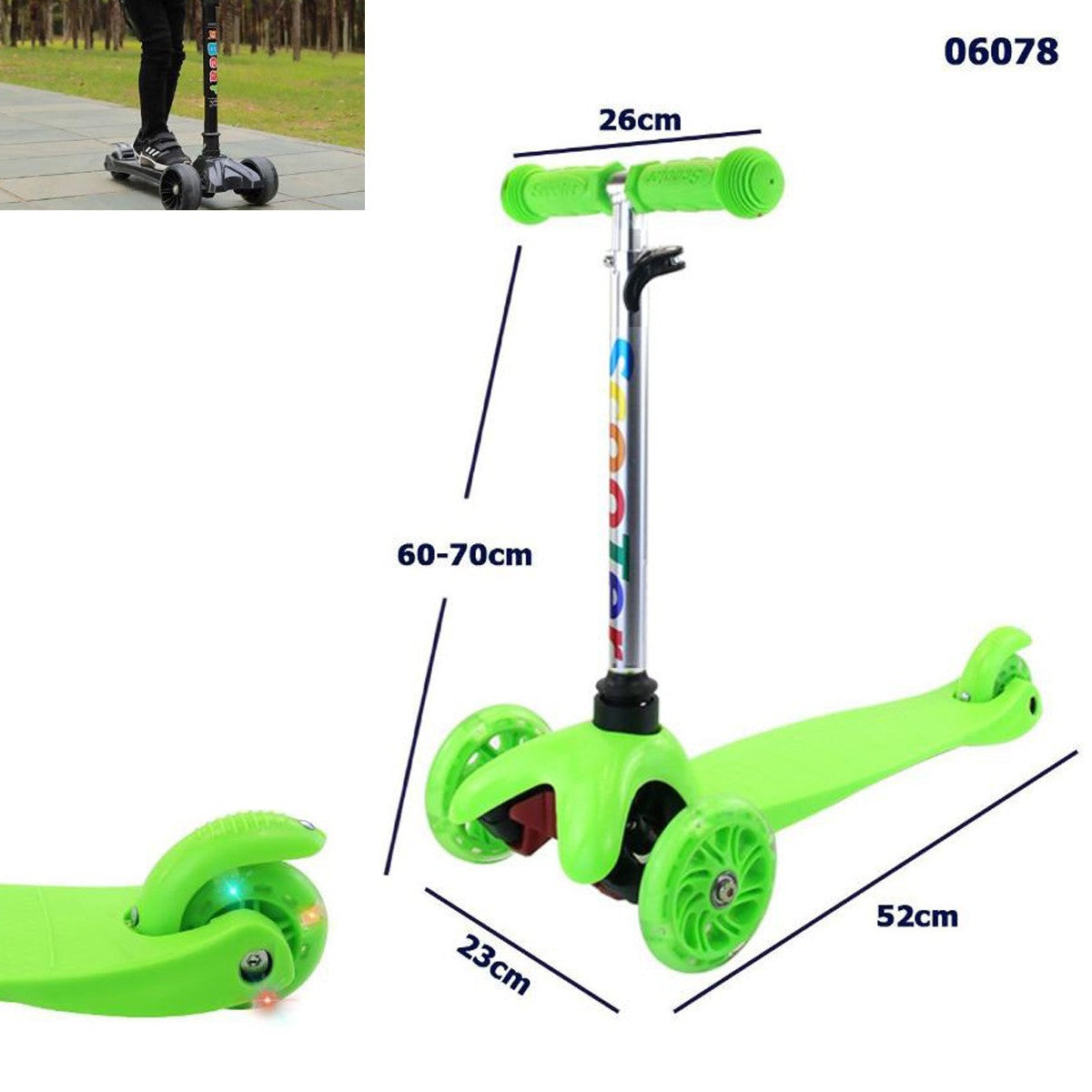 MONOPATTINO BAMBINI 3 RUOTE CON MANUBRIO REGOLABILE E RUOTE LUMINOSE VERDE