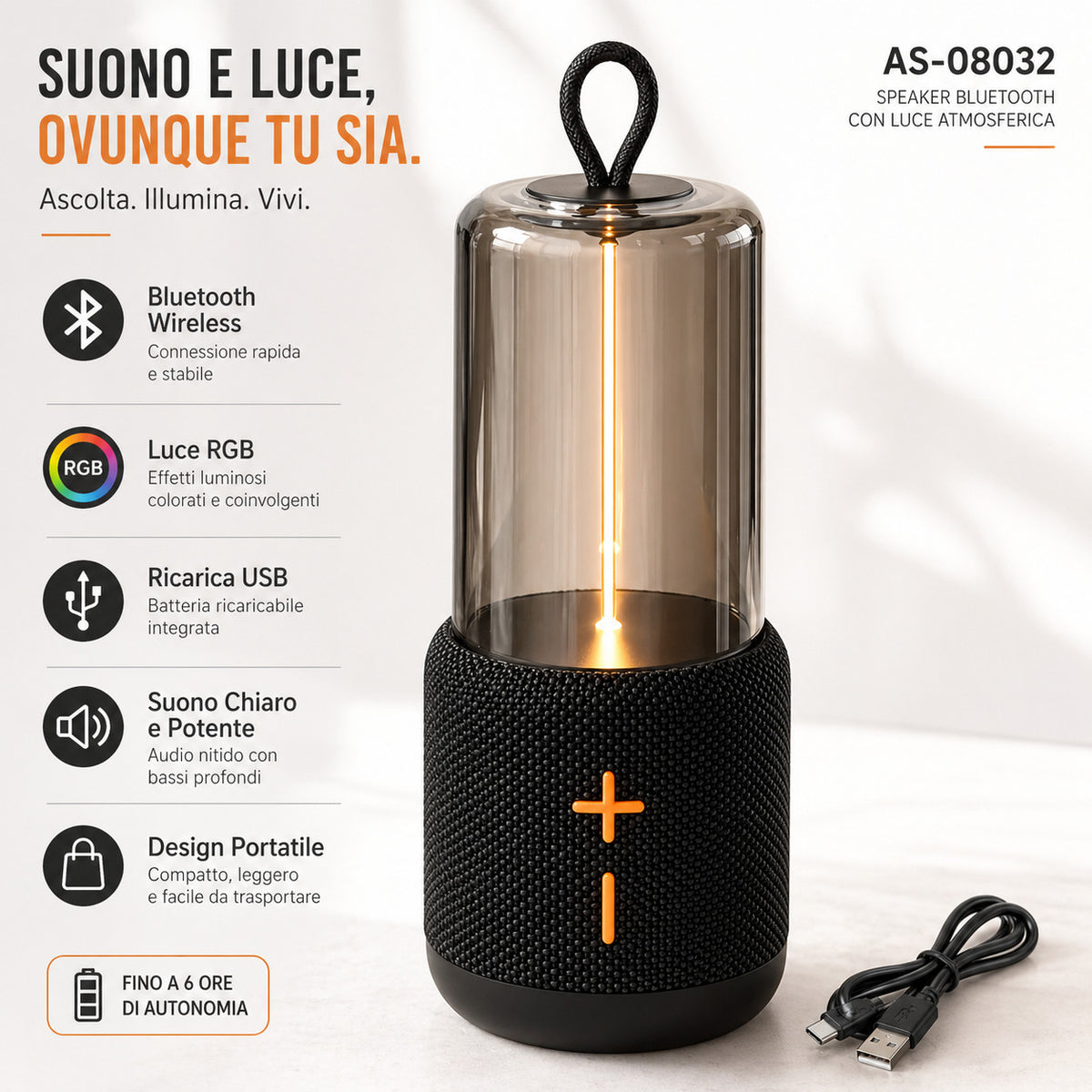 ENCEINTE BLUETOOTH PORTABLE SANS FIL LUMIÈRE RVB RECHARGEABLE USB AS-08032