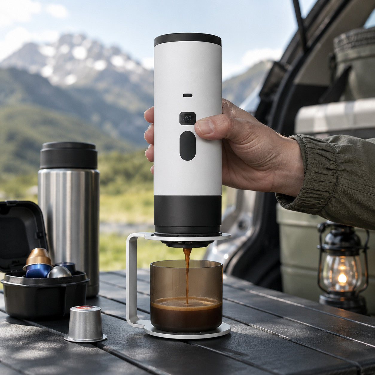 MACCHINA CAFFÈ ESPRESSO PORTATILE AUTOMATICA RICARICABILE CAPSULE E MACINATO