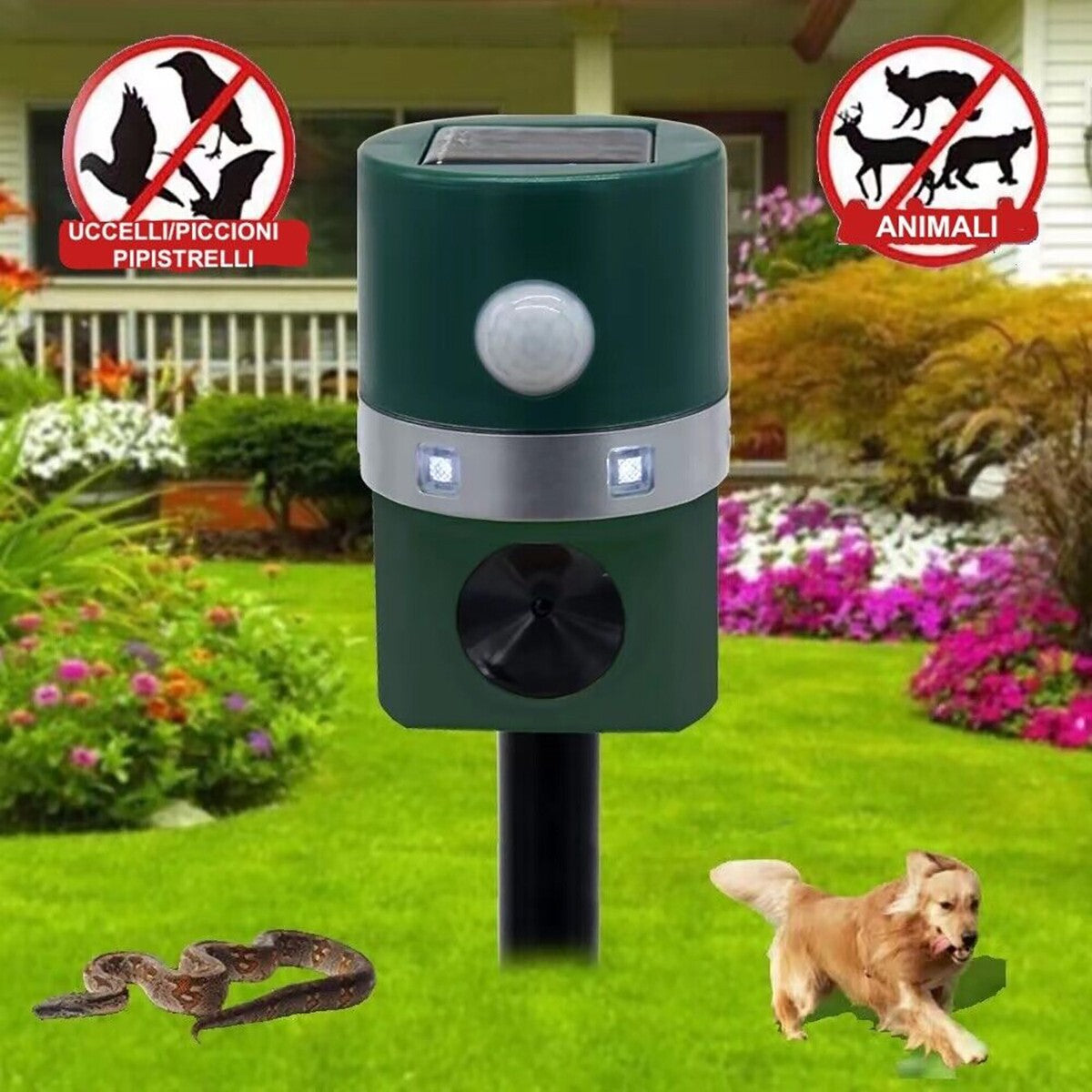REPELLENTE PICCIONI LED ULTRASUONI SOLARE SCACCIA RATTI TOPI UCCELLI CANI GATTI