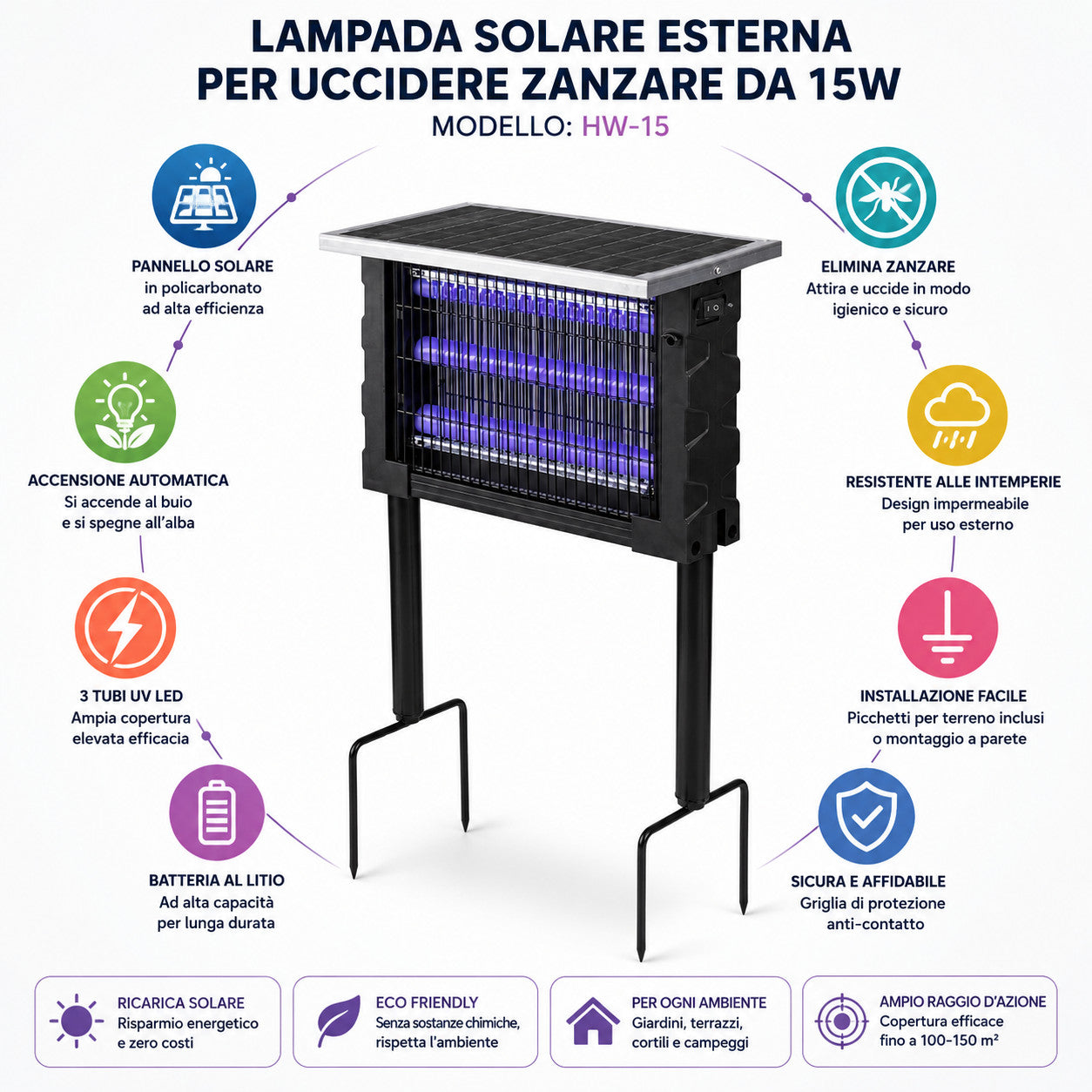 LAMPADA SOLARE ANTIZANZARE 15W UV ESTERNO UCCIDI INSETTI RICARICABILE IP65 04104
