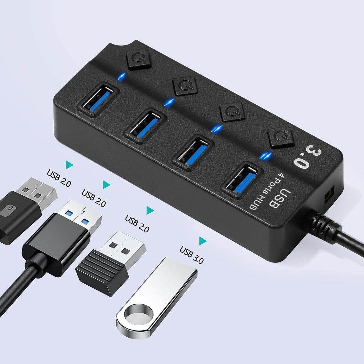 HUB USB 3.0 4 PORTE INTERRUTTORI INDIPENDENTI LED TRASFERIMENTO DATI AS-08055