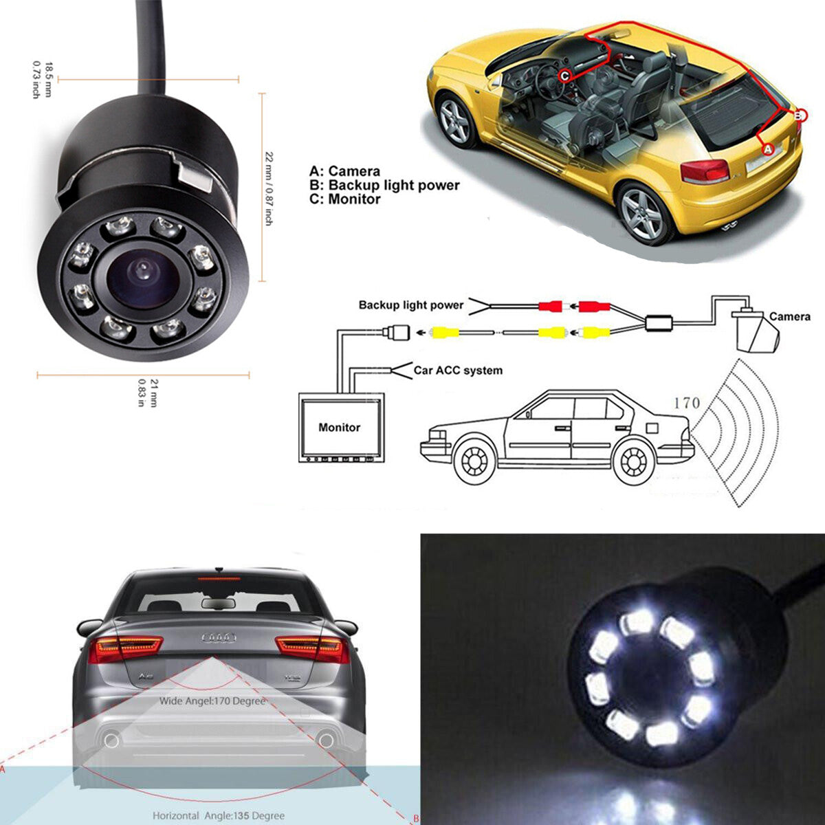 TELECAMERA 170° RETROCAMERA RETROMARCIA 8 LED A MOLLA MINI A COLORI AUTO SUV