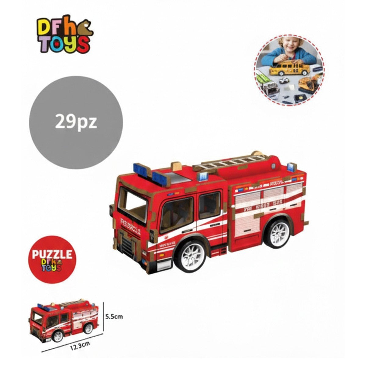 PUZZLE 3D CAMION POMPIERI LEGNO 29PZ GIOCO COSTRUZIONI BAMBINI MODELLINO VIGILI