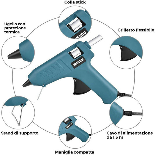 PISTOLET À COLLE CHAUDE 15W AVEC 30 BÂTONNETS PROFESSIONNEL BRICOLAGE WESCO WS5801