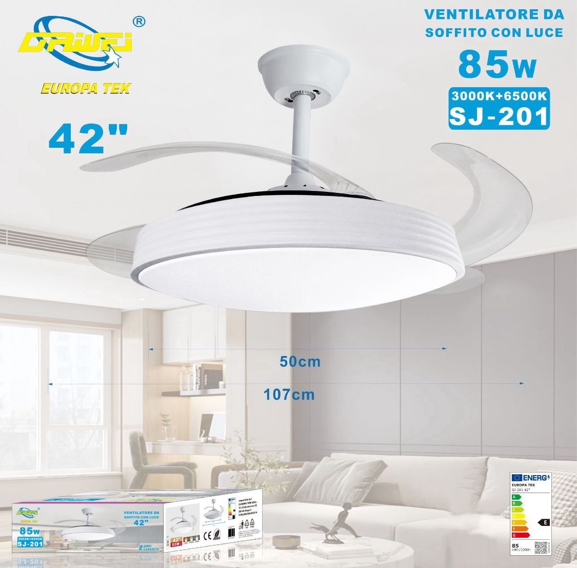 VENTILATEUR PLAFOND LUMIÈRE PALES RÉTRACTABLES 85W LUMINAIRE SUSPENDU 50CM SJ-201