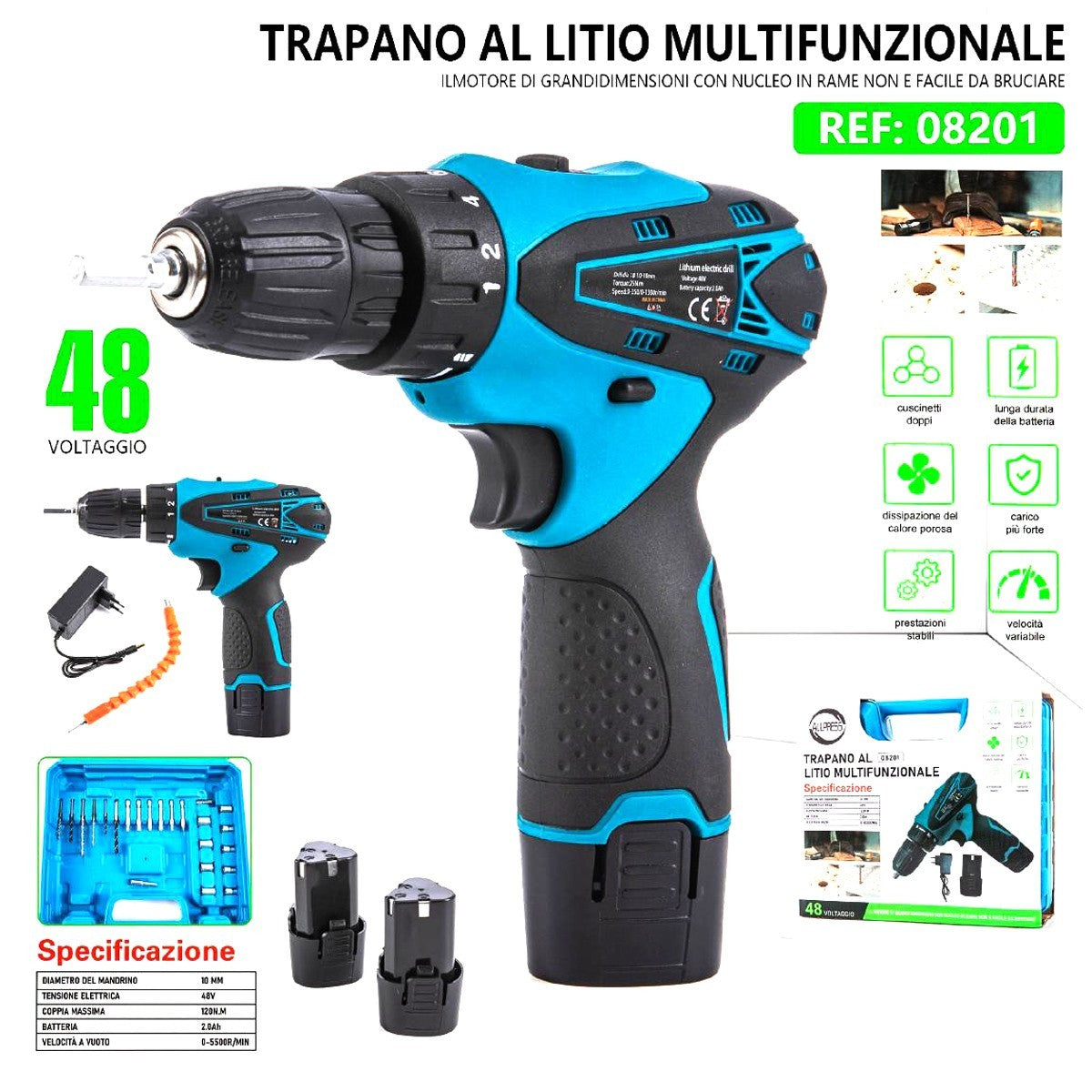 KIT TRAPANO E AVVITATORE A BATTERIA LITIO 48V PROFESSIONALE CON VALIGETTA 08201