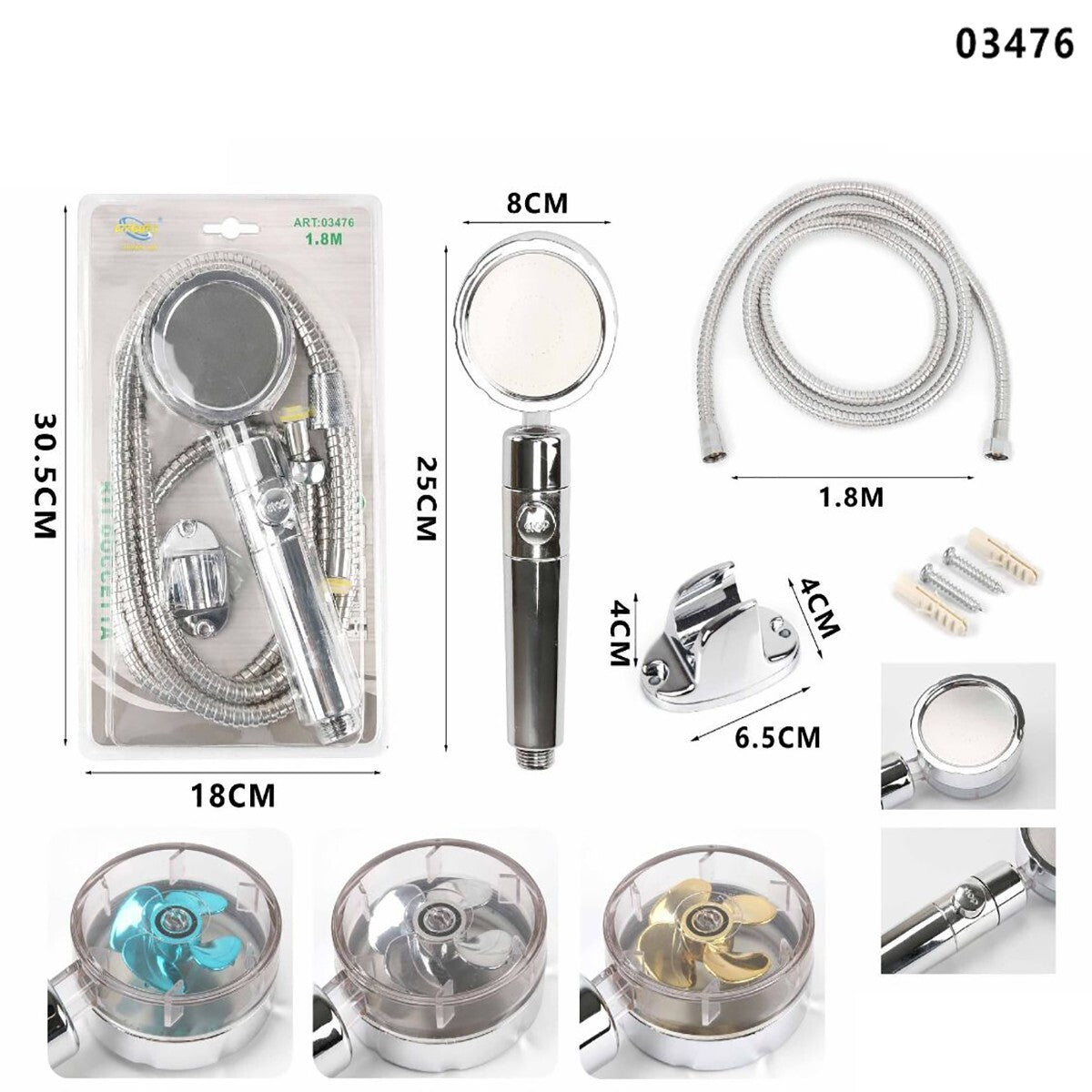 KIT SOFFIONE DOCCIA TURBO ELICA ALTA PRESSIONE ROTAZIONE RISPARMIO IDRICO 03476