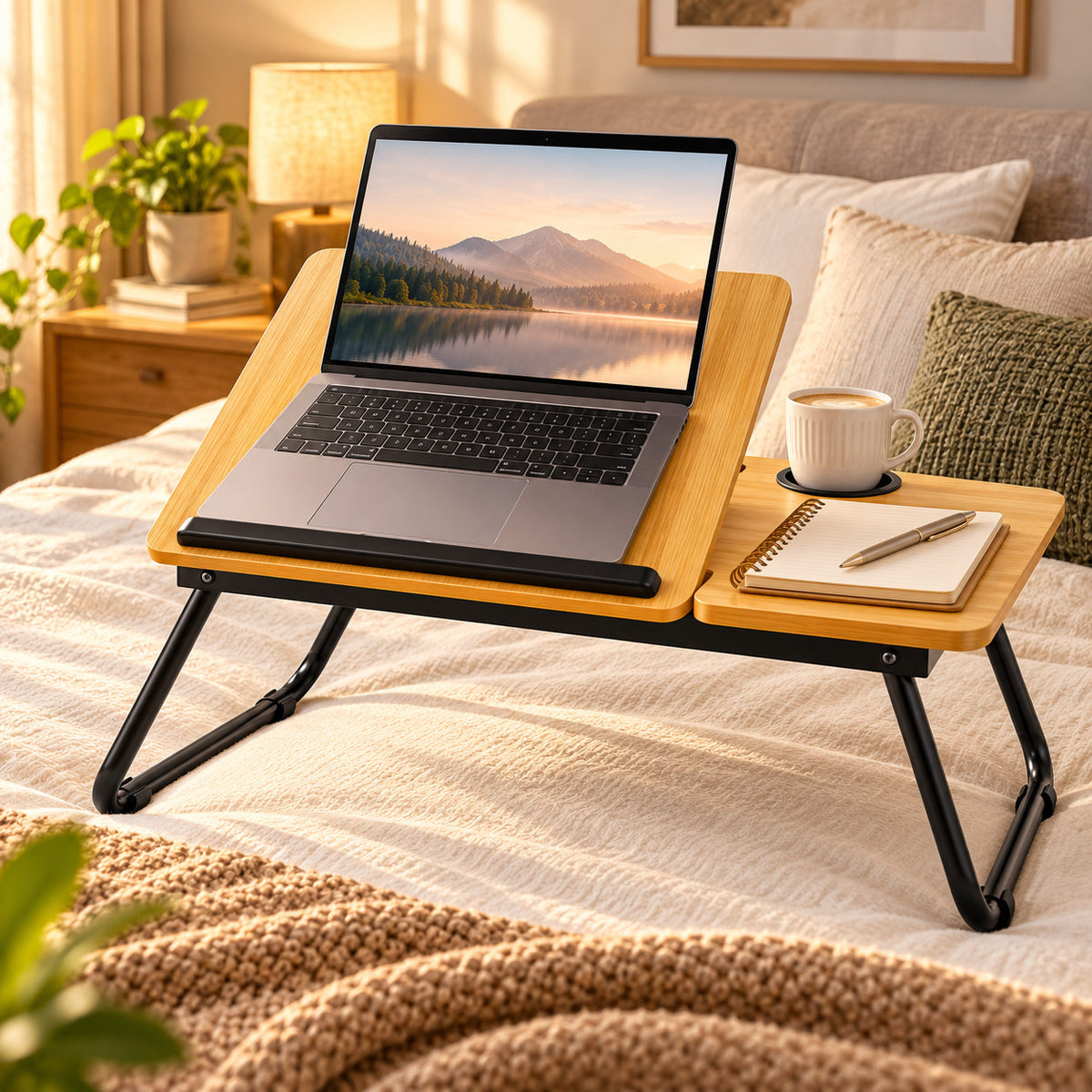 TAVOLINO LETTO PC LAPTOP PIEGHEVOLE PORTA BICCHIERE LEGNO CHIARO DIVANO 31196