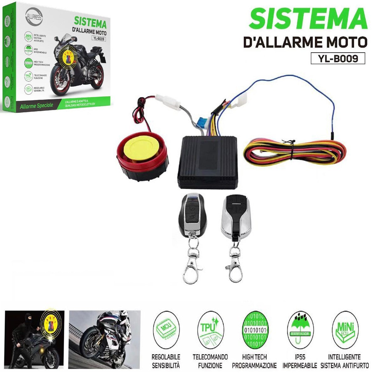 SISTEMA DI ALLARME ANTIFURTO PER MOTO 12V DOPPIO TELECOMANDO SICUREZZA SIRENA