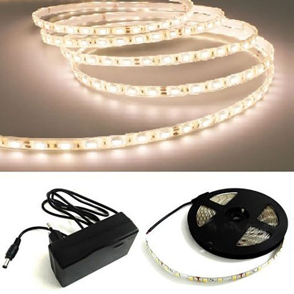 RUBAN LED 5050 FLEXIBLE 5M ADHÉSIF ALIMENTATION LUMIÈRE BLANC NATUREL IP65