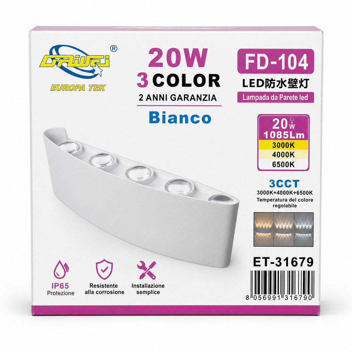 APPLIQUE LED 20W ESTERNO LAMPADA PARETE BIANCA IP65 3000K 4000K 6000K ET-31679