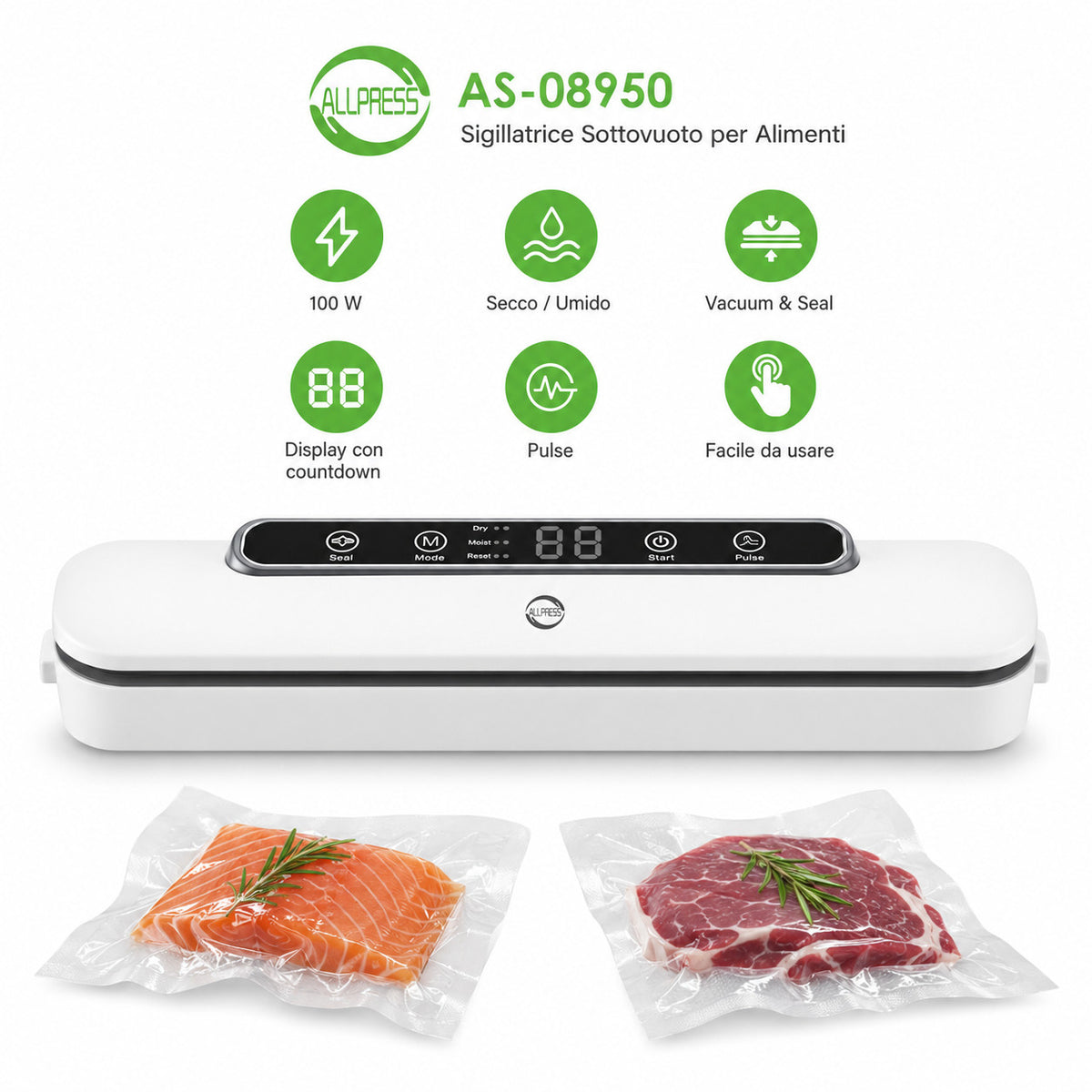 SIGILLATRICE SOTTOVUOTO ALIMENTI ALLPRESS VACUUM SEAL SECCO UMIDO 100 W AS-08950