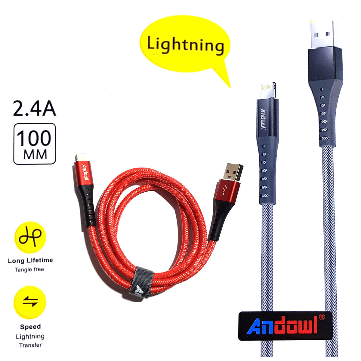 CÂBLE USB CHARGE DONNÉES IPHONE IPAD NYLON RÉSISTANT 2.4A 1M ANDOWL
