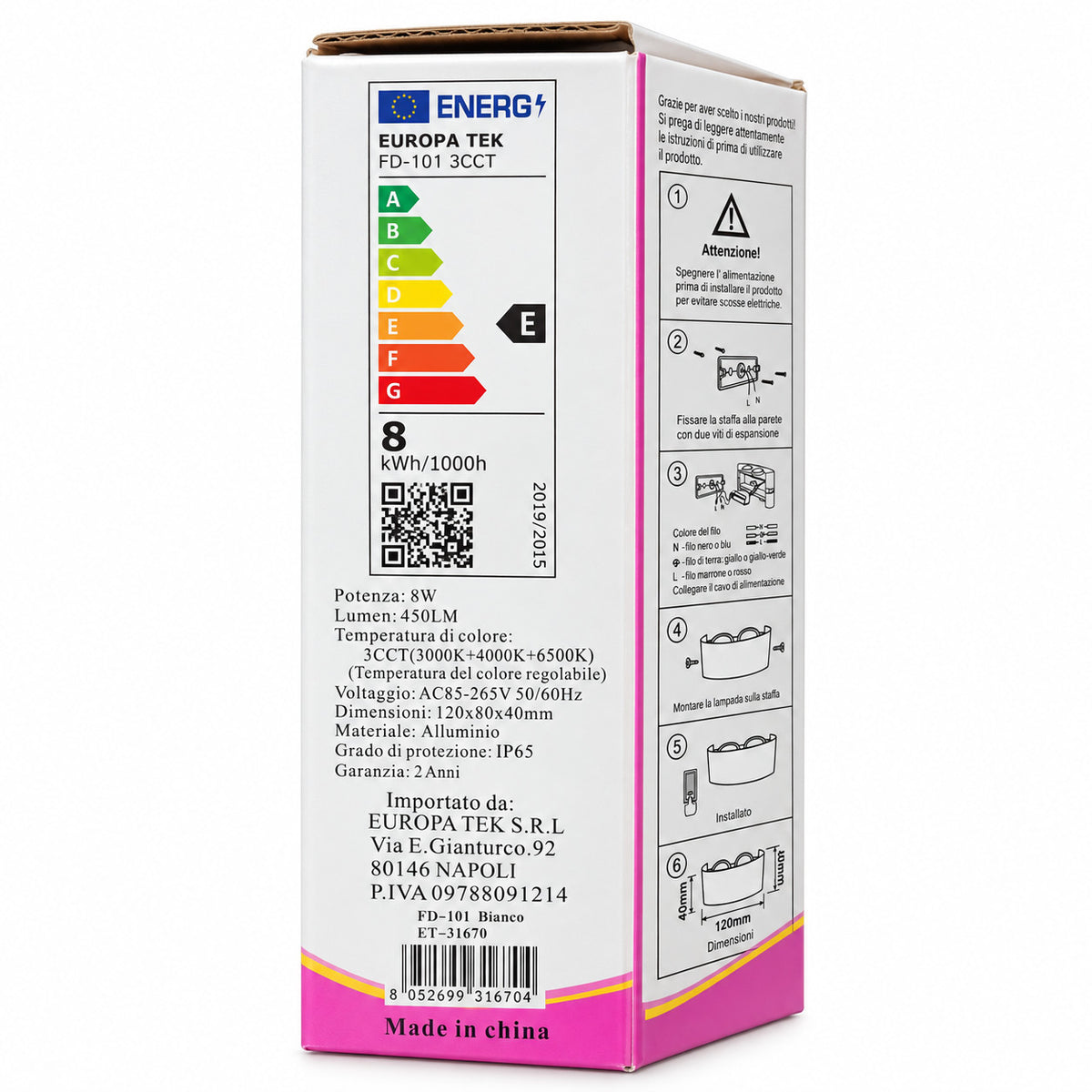APPLIQUE LED 8W BIANCA IP65 LAMPADA PARETE ESTERNO 3000K 4000K 6000K ET-31670