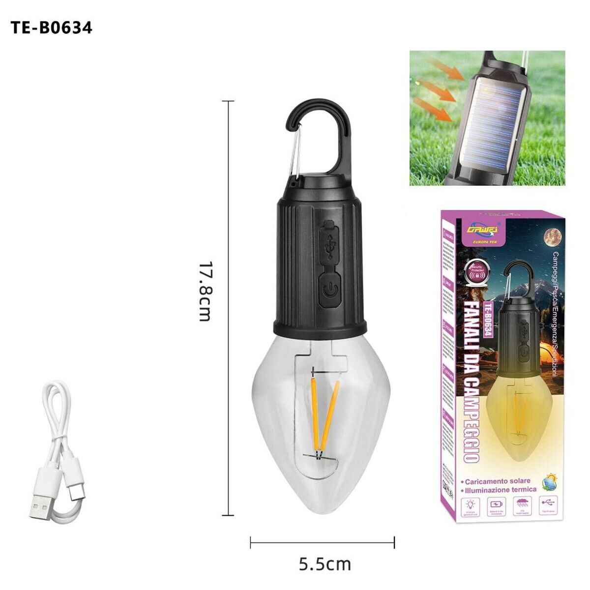 LAMPADA LED CAMPEGGIO SOLARE USB RICARICABILE GANCIO PORTATILE LUCE EMERGENZA 33