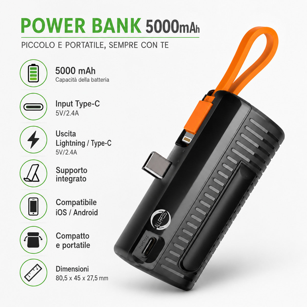 POWERBANK 5000MAH TYPE-C CARICABATTERIE PORTATILE SMARTPHONE AS-05800