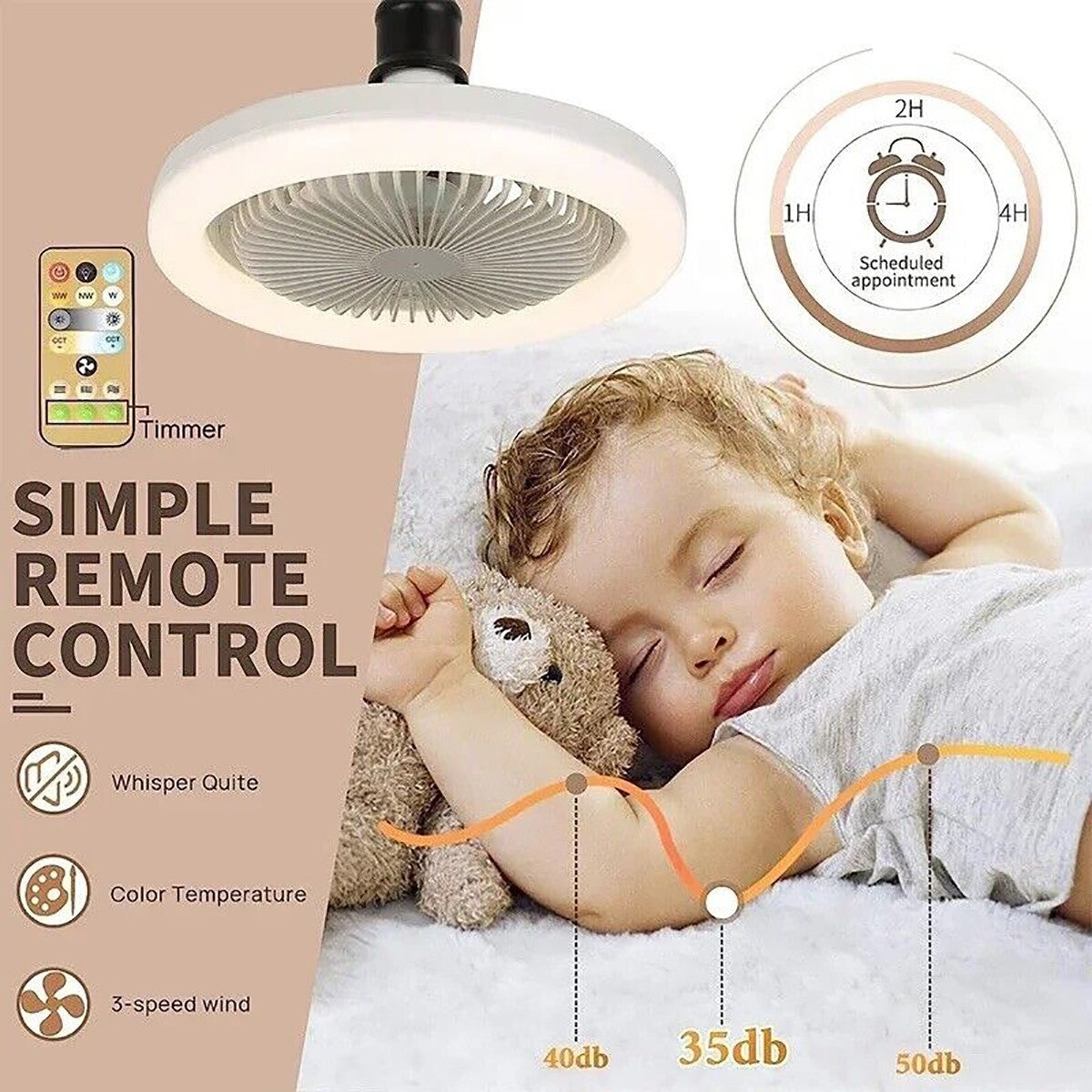VENTILATORE PLAFONIERA LED DA SOFFITTO E27 REGOLABILE TELECOMANDO 30W AS-01579
