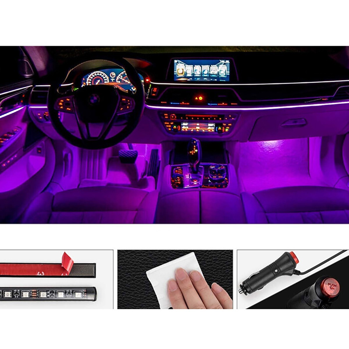 STRISCIA PER INTERNI AUTO 72 LED RGB LUCI VANO PIEDI ATMOSFERA TELECOMANDO 12V