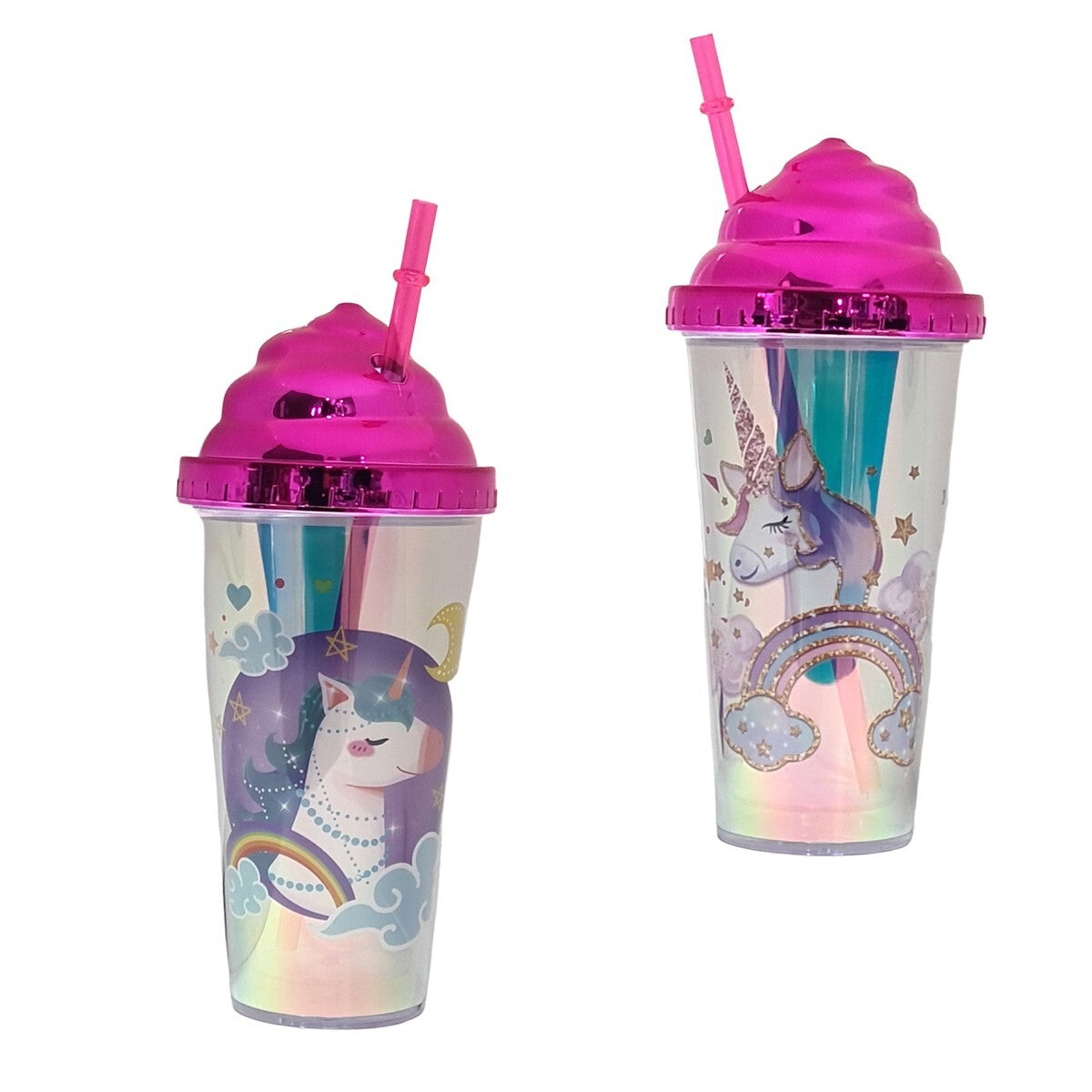 GOBELET EN PLASTIQUE AVEC PAILLE DE 380ML POUR ENFANT LICORNE EAU ROSE