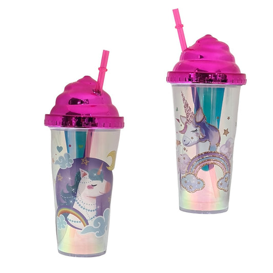 GOBELET EN PLASTIQUE AVEC PAILLE DE 380ML POUR ENFANT LICORNE EAU ROSE