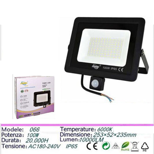 FARO LED FARETTO GIARDINO 100W LUCE FREDDA SENSORE MOVIMENTO CREPUSCOLARE