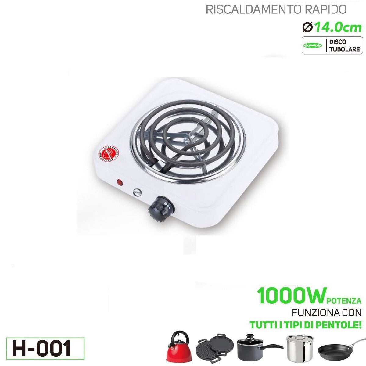 FORNELLO ELETTRICO SPIRALE 1000W CAMPEGGIO ACCIAIO PIASTRA TERMOSTATO 14CM H-001