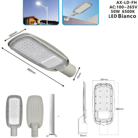 LAMPIONE STRADALE A LED CON PALO STAFFA ESTERNO FARO LED LUCE FREDDA 6500K 50W*